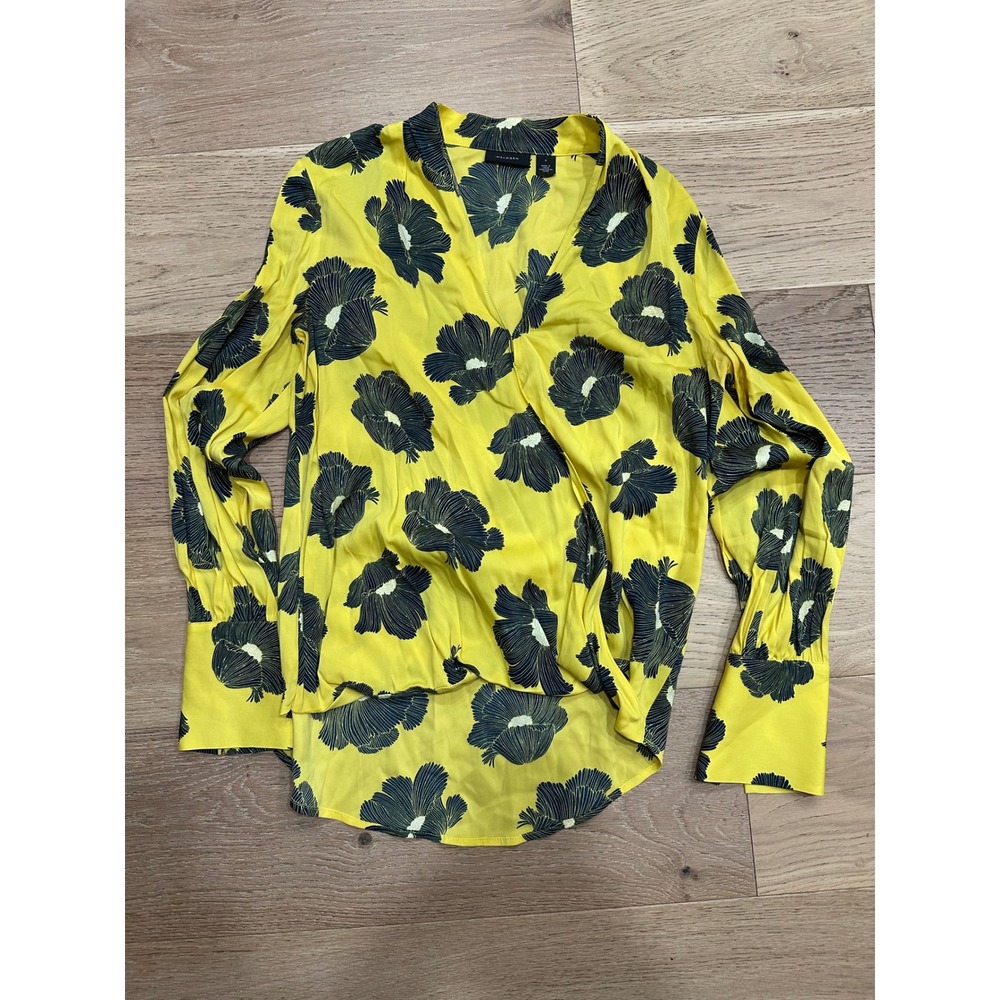 NORDSTROM Halogen Silk Blend Floral Wrap Blouse - Yellow & Navy - Size S -